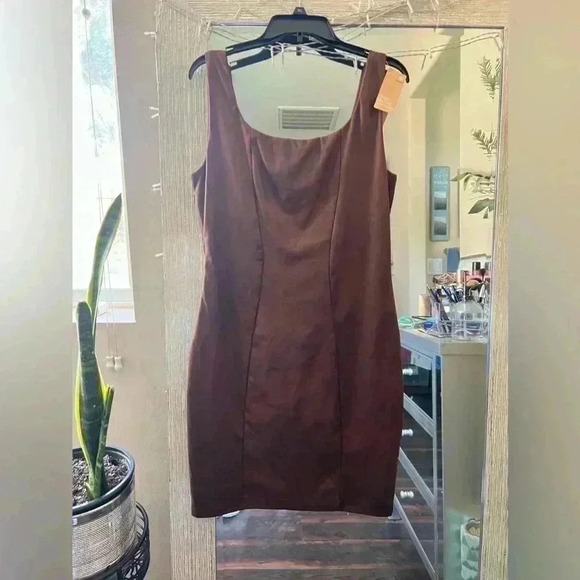 POPILUSH Shapewear Dress Faux-Suede Square Crew Neck Midi - Picture 12 of 12